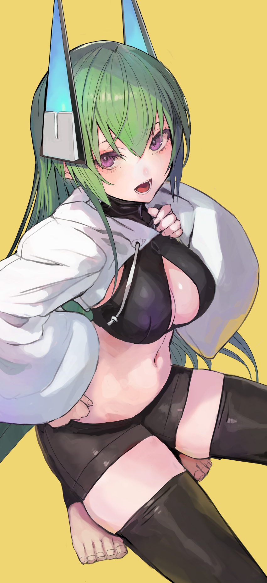 absurdres bike_shorts black_thighhighs breasts cleavage cleavage_cutout clothing_cutout crop_top female green_hair headgear highres looking_at_viewer medium_breasts menou_kaname_(taishi) midriff navel open_mouth original purple_eyes robot_ears short_shorts shorts shrug_(clothing) simple_background squatting stirrup_legwear taishi_(picchiridou) thighhighs toeless_legwear white_shrug