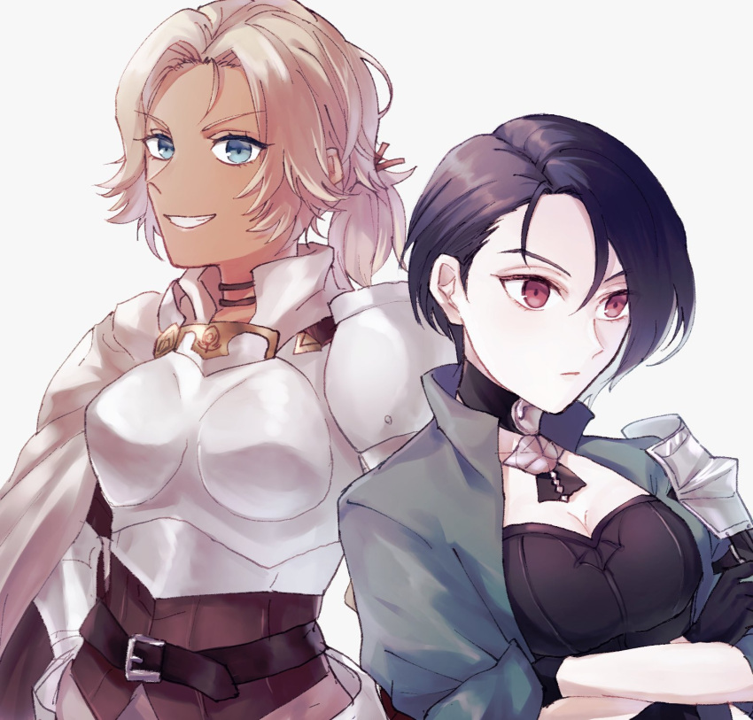 2girls armor asymmetrical_hair belt black_belt black_choker black_gloves blonde_hair blue_eyes blue_hair breastplate breasts catherine_(fire_emblem) choker cleavage crossed_arms fire_emblem fire_emblem:_three_houses gloves green_jacket hair_between_eyes highres ichi_(dndk01) jacket multiple_girls open_clothes open_jacket pauldrons purple_eyes shamir_nevrand short_hair shoulder_armor sleeves_rolled_up smile upper_body white_background