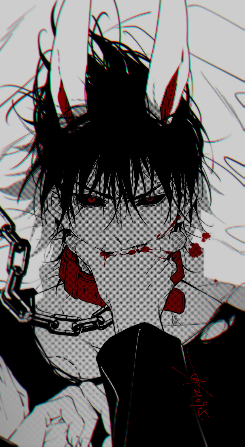 1boy 1other animal_collar animal_ears bed_sheet bite_mark bite_mark_on_chest biting biting_another's_hand black_sclera blood blood_on_hands chain_leash chains collar colored_sclera dated disembodied_hand fushiguro_touji grey_background hand_in_another's_mouth highres jujutsu_kaisen leash long_sleeves looking_at_viewer lying male_focus on_back on_bed rabbit_ears red_collar red_eyes sashiyu shirt short_hair signature solo_focus spot_color torn_clothes torn_shirt upper_body