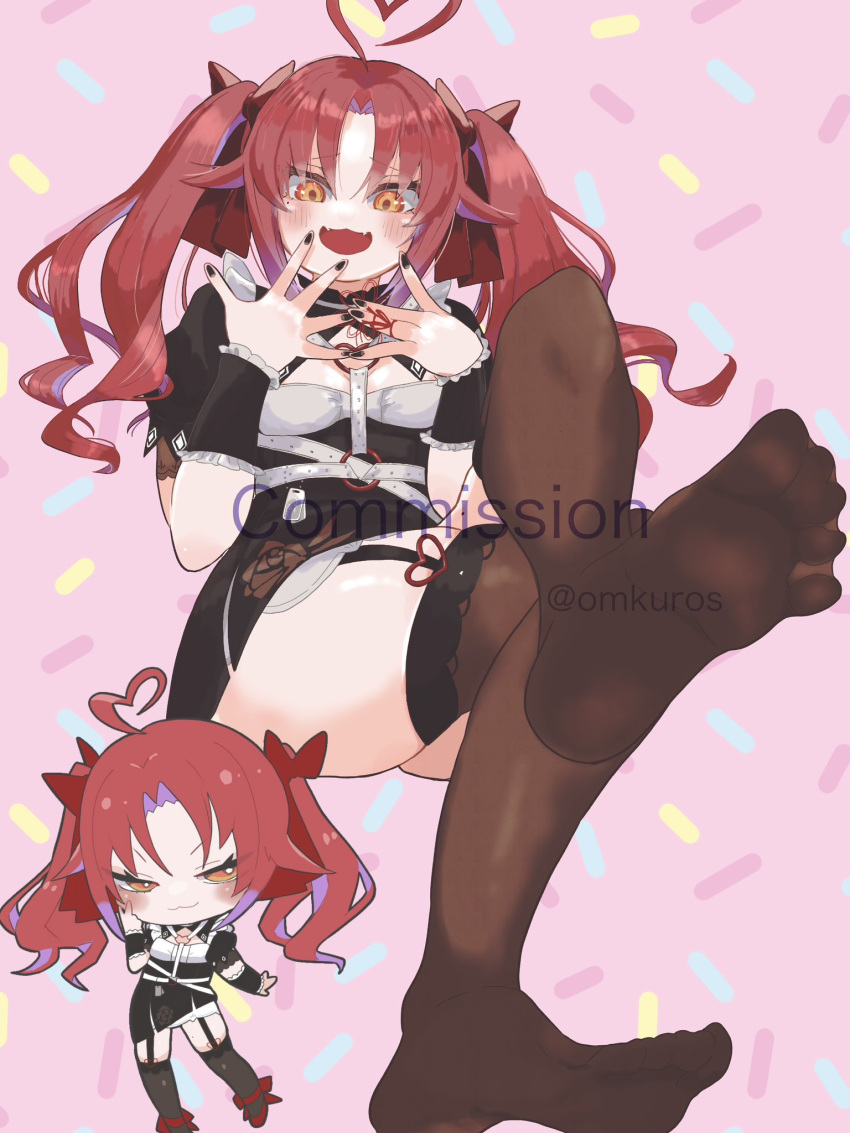 :3 ahoge belt black_dress black_nails blush breasts brown_thighhighs chibi chibi_inset closed_mouth colored_inner_hair commission dog_tags dress eyelashes fangs feet female foot_focus foot_up full_body garter_straps gradient_hair hair_ribbon hands_up heart heart_ahoge highres indie_virtual_youtuber invisible_chair knee_up legs long_hair maid medium_breasts multicolored_hair multiple_views no_shoes omkuros open_mouth orange_eyes parted_bangs pink_background puffy_short_sleeves puffy_sleeves purple_hair red_hair red_ribbon ribbon see-through see-through_legwear short_sleeves sitting skeb_commission spread_toes standing standing_on_one_leg streaked_hair thighhighs thighs toes twintails twitter_username v-shaped_eyebrows virtual_youtuber white_belt