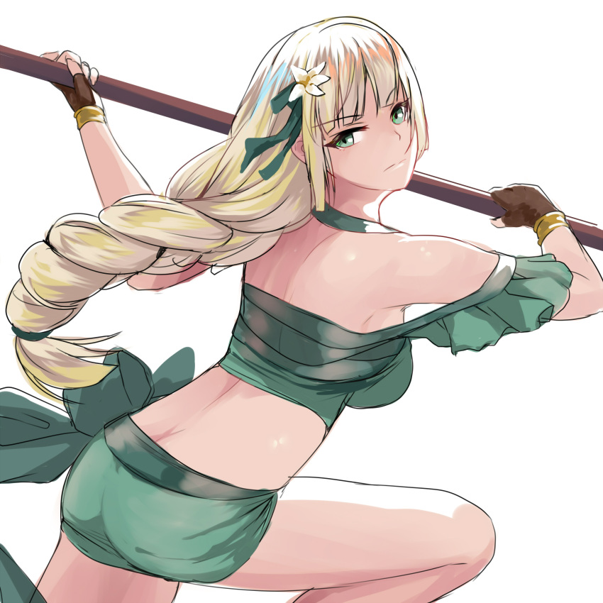 ass bare_shoulders bikini black_gloves blonde_hair breasts butt_crack choker commentary_request crop_top female fingerless_gloves fire_emblem fire_emblem:_three_houses fire_emblem_heroes gloves green_bikini green_choker green_eyes green_ribbons green_shorts hair_ribbon highres ingrid_brandl_galatea ingrid_brandl_galatea_(summer) large_breasts long_braid long_hair midriff off-shoulder_bikini off_shoulder official_alternate_costume ribbon sail_(sail-away) short_shorts short_sleeves shorts simple_background solo swimsuit thighs very_long_hair white_background