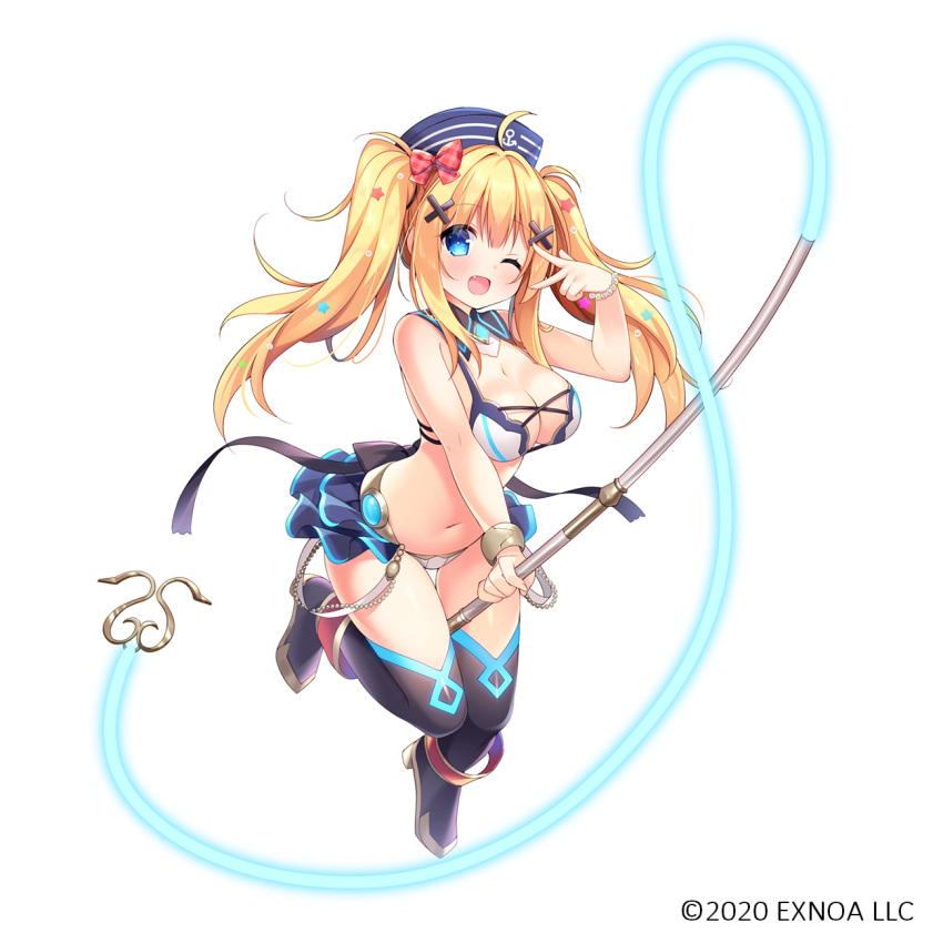 ;d ahoge anchor_symbol bad_leg bare_shoulders bikini black_footwear blonde_hair blue_eyes blue_hat blush boots breasts character_request cleavage commentary_request copyright_notice female fortress_girl full_body hair_ornament hairclip hat highres holding holding_weapon holding_whip large_breasts long_hair looking_at_viewer navel oerba_yun_fang official_art one_eye_closed open_mouth sailor_hat simple_background smile solo swimsuit thigh_boots umeko_machi v_over_eye very_long_hair weapon white_background white_bikini x_hair_ornament