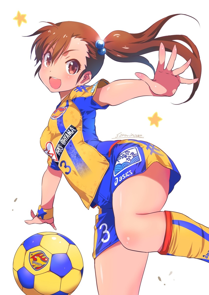 ball blush breasts brown_eyes brown_hair female futami_mami hair_bobbles hair_ornament highres idolmaster idolmaster_(classic) inoue_sora j._league kneehighs long_hair looking_at_viewer medium_breasts open_mouth revision shirt shorts side_ponytail simple_background smile soccer soccer_ball soccer_uniform socks solo sportswear star_(symbol) striped sweat vegalta_sendai white_background