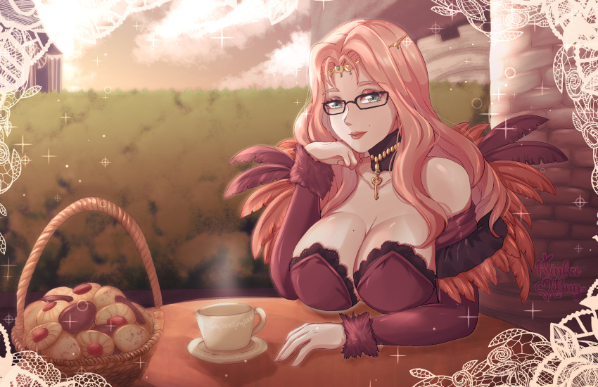 bare_shoulders basket bespectacled black_choker breasts choker circlet cleavage commentary_request cookie cornelia_arnim cup dress feathers female fire_emblem fire_emblem:_three_houses food glasses highres huge_breasts key long_hair long_sleeves looking_at_viewer off-shoulder_dress off_shoulder outdoors pink_hair red_dress rinku_bny solo sparkle teacup upper_body