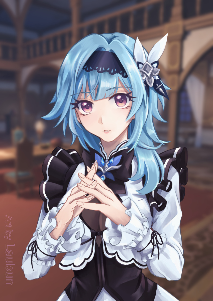 absurdres alternate_costume blue_hair blue_hairband blurry blurry_background breasts brooch commentary curtains english_commentary enmaided eula_(genshin_impact) female genshin_impact hair_ornament hairband hands_up highres indoors jewelry laubun long_hair long_sleeves looking_at_viewer maid own_hands_together parted_lips purple_eyes railing shirt solo steepled_fingers upper_body white_shirt window