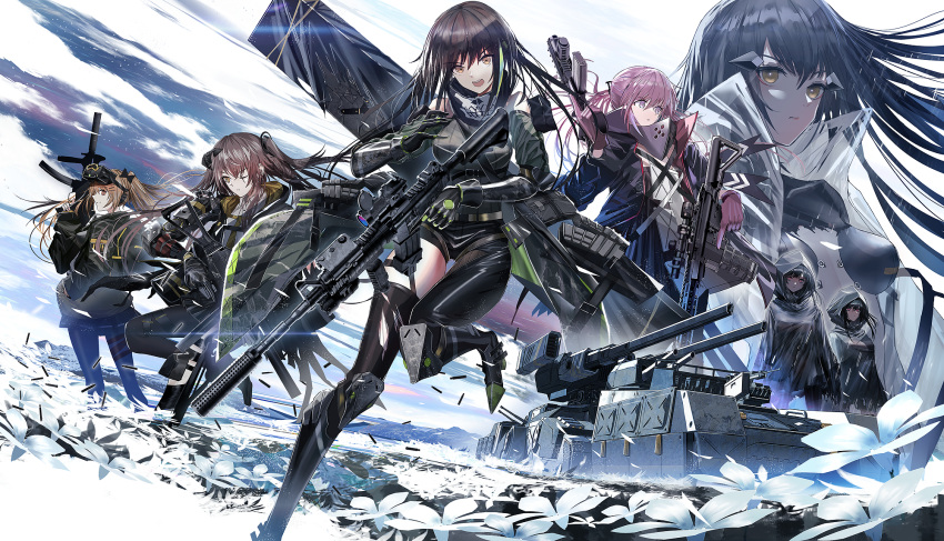 404_(girls'_frontline) 6+girls anti-rain_(girls'_frontline) ar-15 argonauts_(girls'_frontline) assault_rifle bandana black_cloak brown_hair cloak company_name dual_wielding field flower flower_field girls'_frontline gun h&k_ump highres holding holding_gun holding_weapon isomer_(girls'_frontline) isomer_hivemind_(girls'_frontline) kcco_(girls'_frontline) m4_carbine m4a1_(girls'_frontline) m4a1_(mod3)_(girls'_frontline) mask md5_mismatch military military_vehicle motor_vehicle mouth_mask multiple_girls nyto_(girls'_frontline) official_art one_eye_closed outdoors paradeus particle_cannon_case pink_hair rifle scar scar_across_eye scar_on_face scope skull_mask st_ar-15_(girls'_frontline) st_ar-15_(mod3)_(girls'_frontline) submachine_gun swav tank twintails ump45_(girls'_frontline) ump45_(mod3)_(girls'_frontline) ump9_(girls'_frontline) ump9_(mod3)_(girls'_frontline) weapon weapon_case