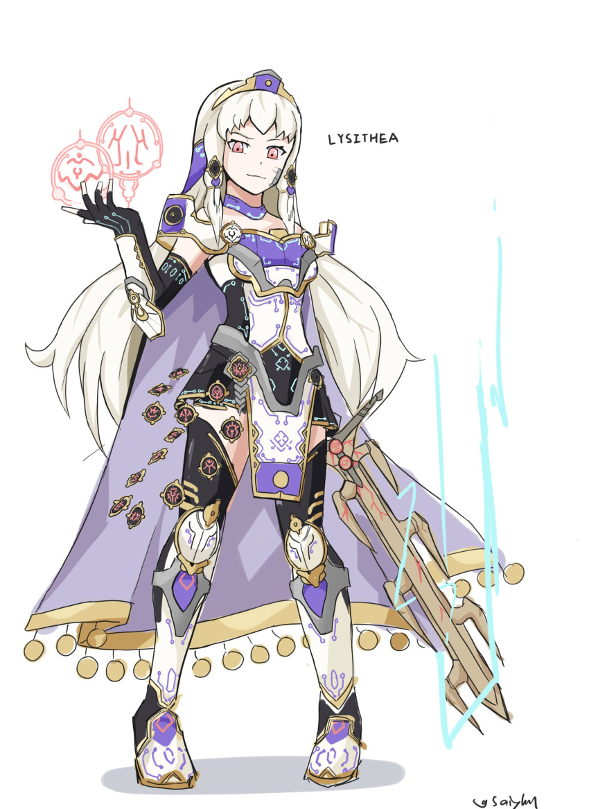 absurdres alternate_costume arm_guards armor armored_dress artist_name bare_shoulders breastplate cape celica_(fire_emblem) celica_(fire_emblem)_(cosplay) character_name circlet closed_mouth cosplay crest elbow_gloves female fingerless_gloves fire_emblem fire_emblem:_three_houses fire_emblem_echoes:_shadows_of_valentia flat_chest full_body gloves greaves headdress highres holding holding_sword holding_weapon knee_guards long_hair looking_at_viewer looking_down lysithea_von_ordelia miniskirt pelvic_curtain pink_eyes saiykik simple_background skirt smirk sword thighhighs thunderbrand vambraces weapon white_background white_hair zettai_ryouiki