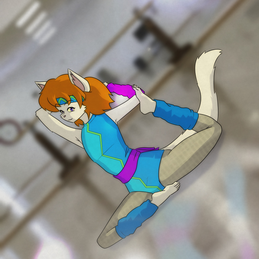 1:1 2023 absurd_res aerobics anthro clothing digital_media_(artwork) farrah_furcett felid felin female flat_chested hair hi_res kawaoneechan leg_warmers legwear leotard looking_at_viewer mammal solo spandex stretching sweatband tail tight_clothing wrist_warmers