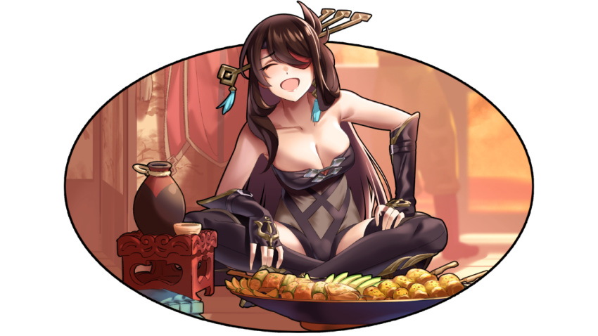 bare_shoulders beidou_(genshin_impact) black_gloves bottle breasts brown_hair cleavage closed_eyes collarbone cup earrings eyepatch facing_viewer female fingerless_gloves food fried_food fukushi_ryouhei genshin_impact gloves grilled_tiger_fish_(genshin_impact) hair_ornament hair_over_one_eye hairpin hand_on_own_thigh indian_style jewelry large_breasts long_hair open_mouth plate sake_bottle single_earring sitting smile solo stick tassel tassel_earrings thighhighs zhongyuan_chop_suey_(genshin_impact)