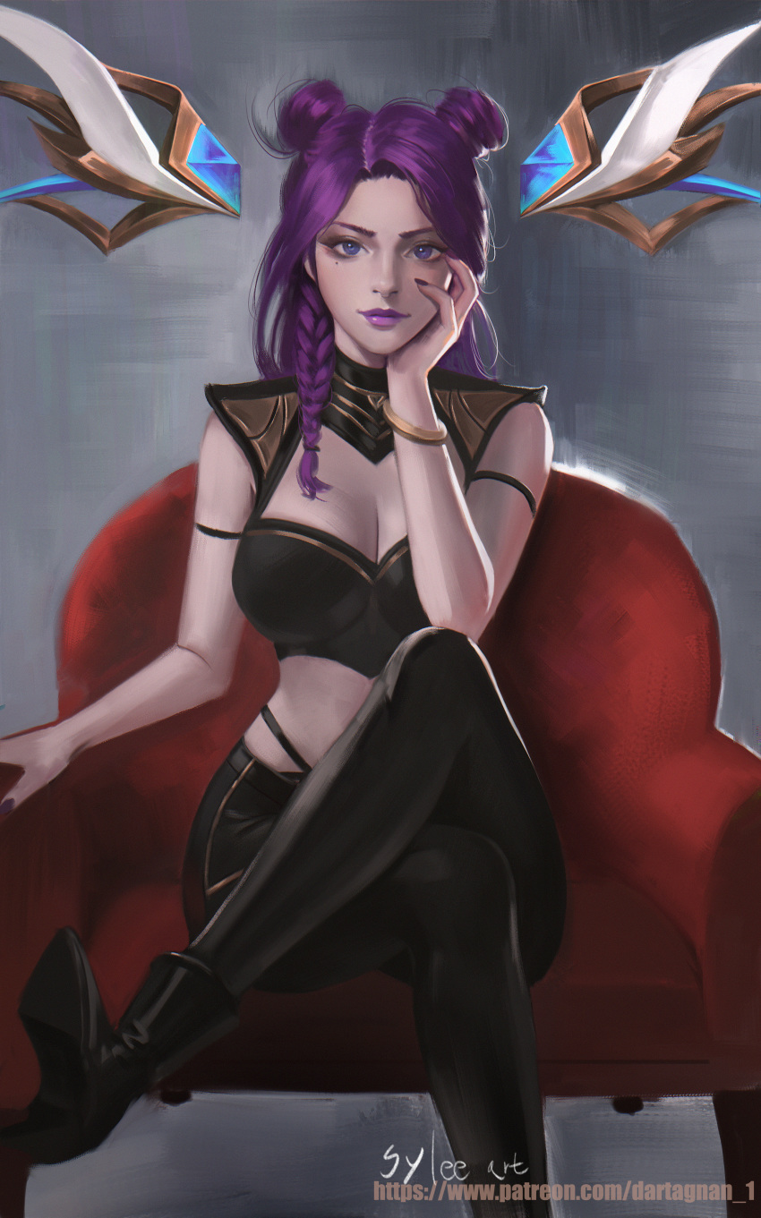 absurdres armchair black_footwear black_pants braid breasts bustier chair cleavage cleavage_cutout clothing_cutout commentary crossed_legs double_bun english_commentary female french_braid hair_bun highres idol k/da_(league_of_legends) k/da_kai'sa kai'sa large_breasts league_of_legends lipstick makeup mole mole_under_eye pants photoshop_(medium) purple_eyes purple_hair purple_lips purple_nails side_braid sitting solo thaumazo tight_clothes tight_pants