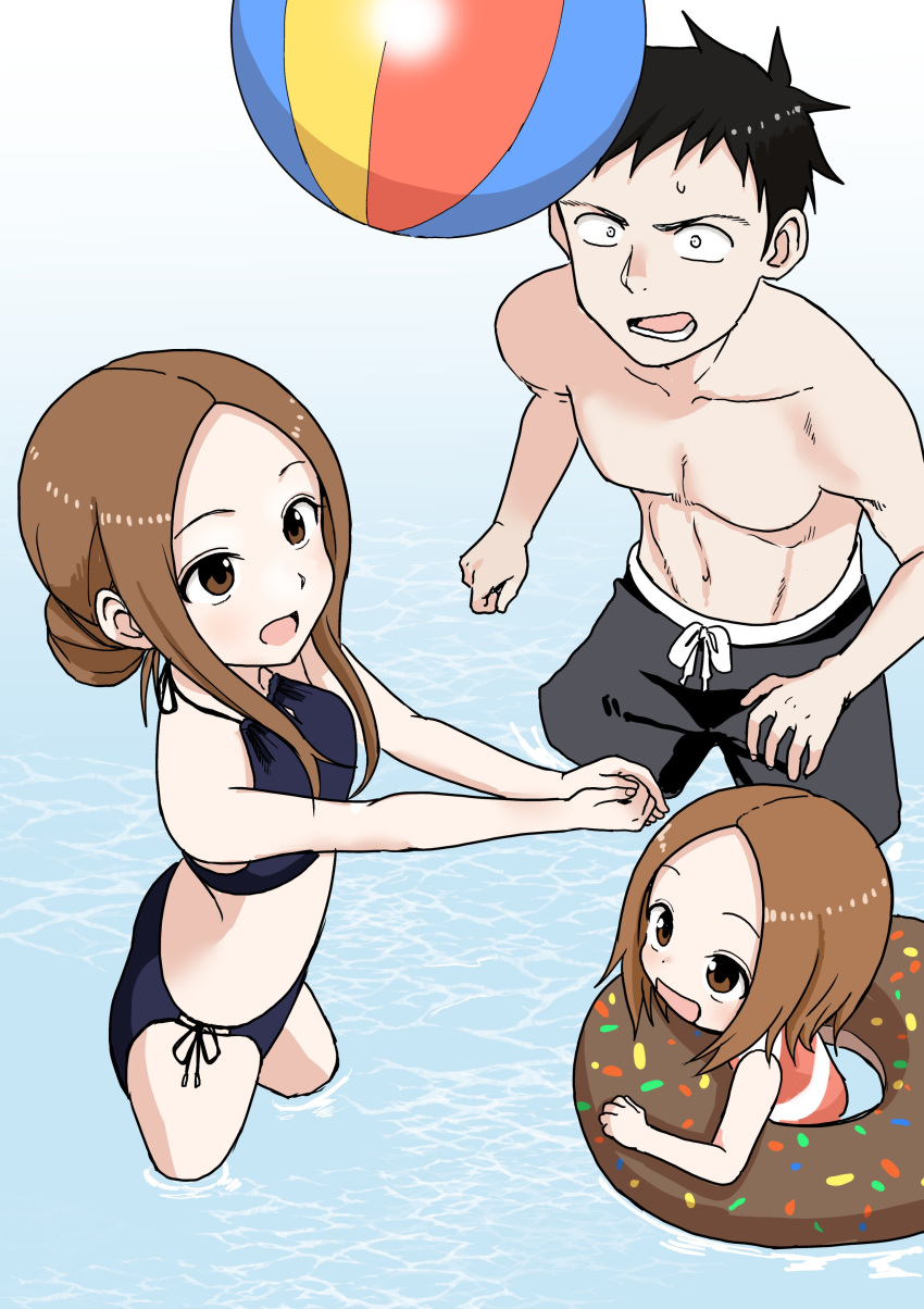 1boy 2girls absurdres afloat aged_up ball beachball bikini black_hair brown_hair commentary_request family hair_bun halterneck highres inaba_mifumi innertube karakai_jouzu_no_(moto)_takagi-san karakai_jouzu_no_takagi-san long_hair multiple_girls nishikata nishikata_chii open_mouth outstretched_arms short_hair shorts side-tie_bikini_bottom single_hair_bun spoilers standing swim_ring swimsuit takagi-san water