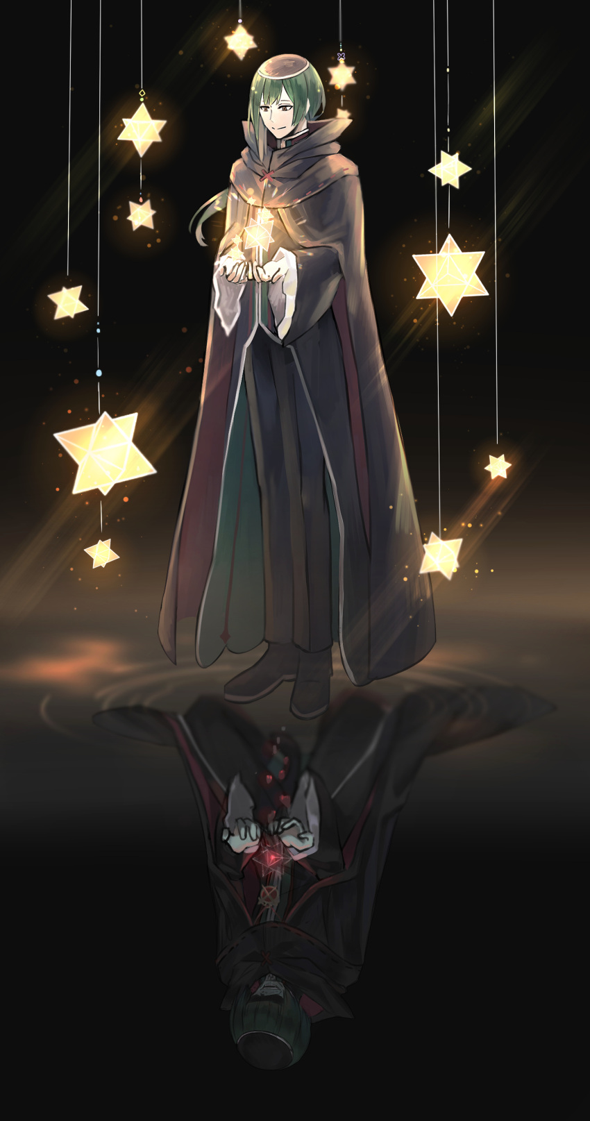 1boy absurdres black_background cape closed_mouth corruption different_reflection green_hair hexagram highres hood kneeling lce long_hair long_sleeves male_focus petelgeuse_romaneeconti re:zero_kara_hajimeru_isekai_seikatsu reflection robe smile solo standing star_(symbol)