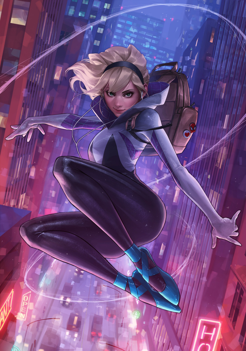 backpack bag ballet_slippers blonde_hair bodysuit building chromatic_aberration city earphones female gwen_stacy hairband highres hood hooded_bodysuit jee-hyung_lee lamppost looking_at_viewer marvel mask md5_mismatch medium_hair midair night road silk skyscraper smile solo spider-gwen spider-man_(series) spider_web spider_web_print street superhero_costume