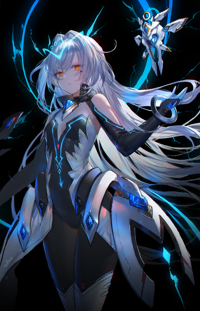 android bare_shoulders black_background black_bodysuit black_gloves black_legwear black_sleeves bodysuit breasts bridal_gauntlets cleavage clothing_cutout code:_sariel_(elsword) commentary detached_sleeves drone elbow_gloves electricity elsword empty_eyes english_commentary eve_(elsword) facial_mark female floating floating_hair gem gloves hair_between_eyes hair_intakes half-closed_eyes highres jewelry long_hair looking_at_viewer moby_(elsword) pantyhose parted_lips remy_(elsword) robot shoulder_cutout shrug_(clothing) signature sleeveless small_breasts strapless swd3e2 thighs very_long_hair white_hair yellow_eyes