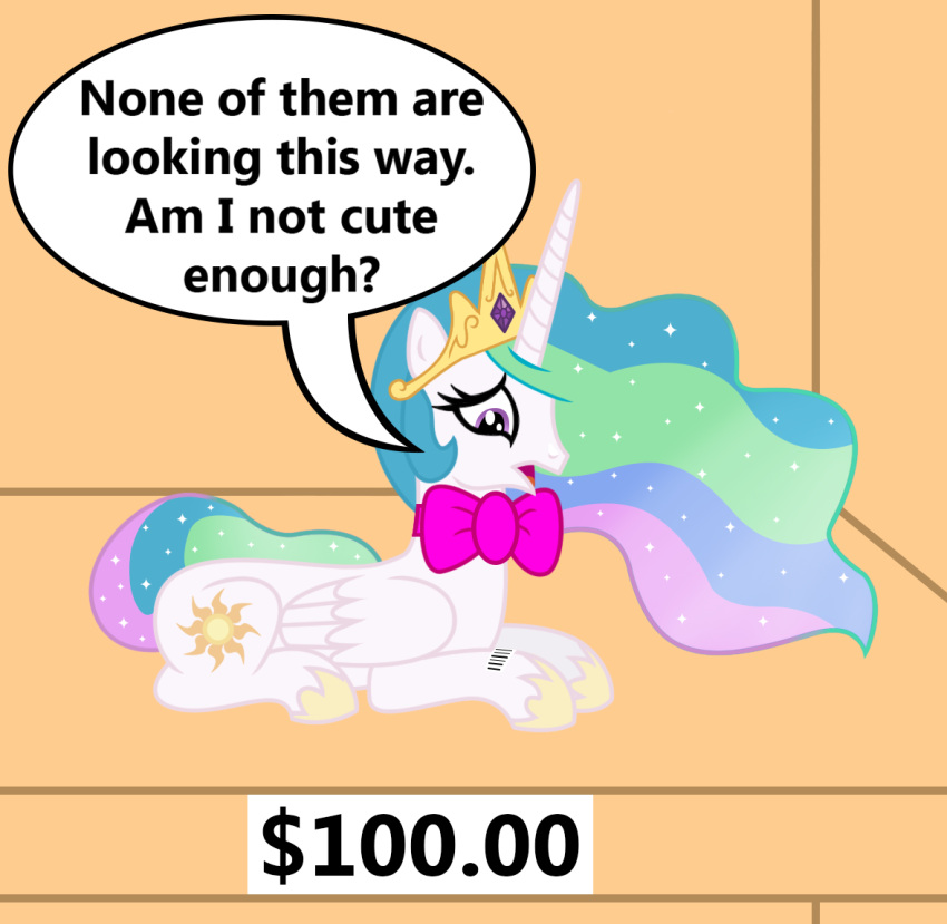 2014 alicorn barcode bow_tie crown cutie_mark dialogue digital_media_(artwork) english_text equid equine expensive feathered_wings feathers female feral for_sale friendship_is_magic frown hair hasbro headgear horn horse lying mammal multicolored_hair my_little_pony mythological_creature mythological_equine mythology on_front open_mouth pony price_tag princess_celestia_(mlp) purple_eyes sad self-conscious sign solo speech_bubble text vincentthecrow white_body white_feathers wings