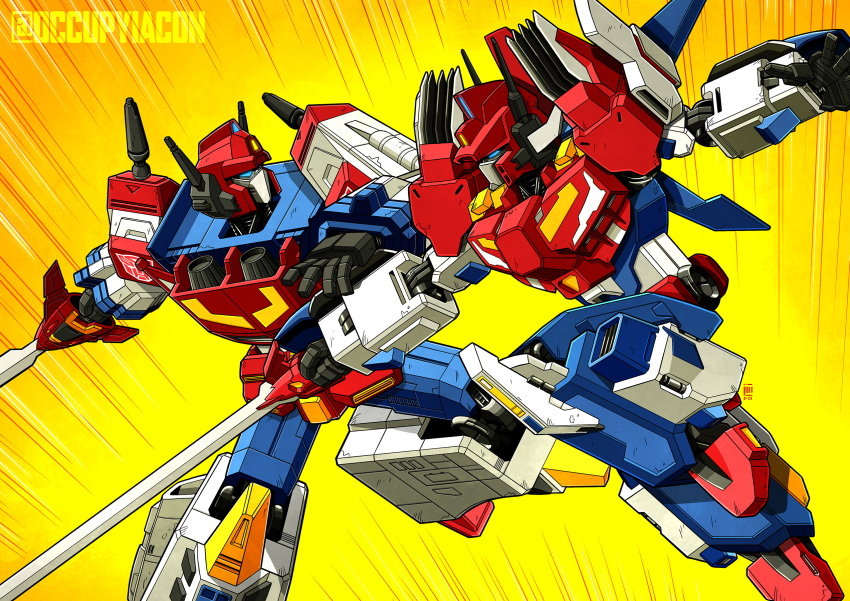 autobot blue_eyes commission english_commentary fighting highres holding holding_sword holding_weapon jim_stafford mecha no_humans open_hand robot science_fiction star_saber_(idw) star_saber_(transformers) sword the_transformers_(idw) transformers transformers_victory twitter_username weapon yellow_background