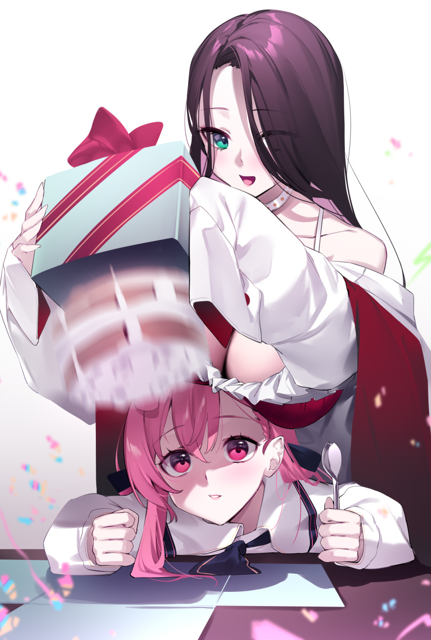 2girls :d absurdres ako_ko_(yaguo) box breasts brown_hair cake choker food green_eyes hair_between_eyes hair_over_one_eye highres holding holding_box holding_spoon large_breasts long_hair long_sleeves motion_blur multiple_girls original parted_lips pink_eyes pink_hair pity_(yaguo) shirt sleeves_past_fingers sleeves_past_wrists smile spoon white_choker white_shirt yaguo