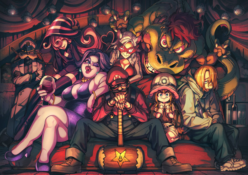 4boys 4girls absurdres admiral_bobbery alcohol animal_ears bottle breasts cleavage crossed_arms cup domino_mask drinking_glass facial_hair fangs flurrie goombella hamburger_man._(sumi80) hammer hat highres hood hoodie humanization koops luigi mallet mario mario_(series) mask mini-yoshi mining_helmet mouse_ears mouse_tail moustache ms._mowz multiple_boys multiple_girls overalls paper_mario paper_mario:_the_thousand_year_door personification sitting smile striped_clothes striped_headwear tail thick_lips thighhighs vivian_(paper_mario) wine_bottle wine_glass witch_hat yoshi