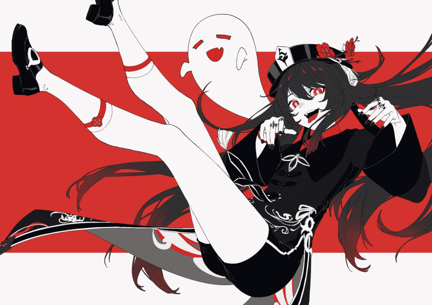 boo_tao_(genshin_impact) chinese_clothes commentary female flower fuka_(hk_nemo) genshin_impact ghost hat hat_flower highres hu_tao_(genshin_impact) kneehighs long_hair looking_at_viewer open_mouth red_eyes red_theme shoes shorts smile socks solo tongue tongue_out twintails