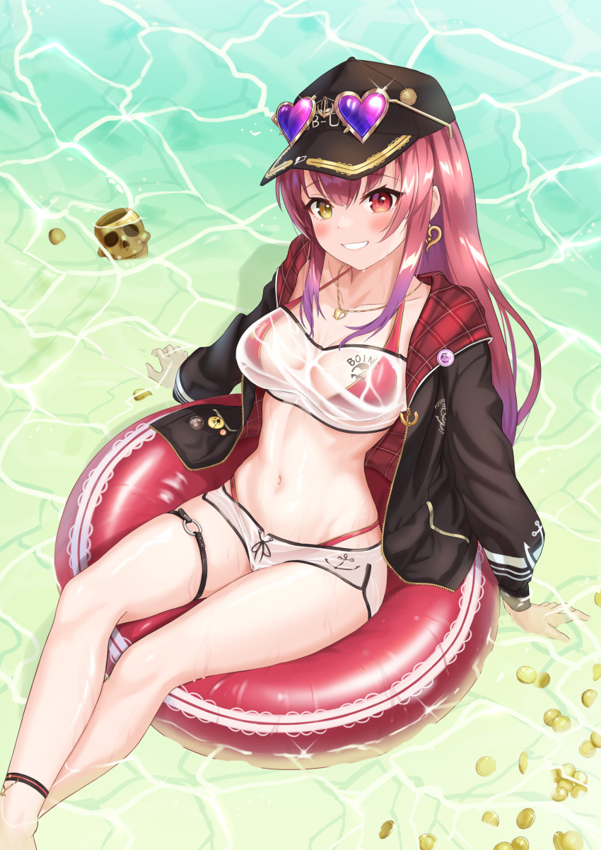 absurdres ankle_strap bare_legs baseball_cap beach bikini bikini_under_clothes black_hat black_jacket blush breasts cleavage coin commentary crossed_legs day dokuro-kun_(houshou_marine) dolphin_shorts earrings eyewear_on_headwear feet_out_of_frame female from_above glint gold gold_coin gradient_hair grin hair_between_eyes hair_down hat heart heart-shaped_pupils heart_earrings heart_necklace heterochromia highres hololive houshou_marine houshou_marine_(summer) innertube jacket jewelry jiu_fanglianhua large_breasts long_hair looking_at_viewer micro_shorts multicolored_hair navel necklace o-ring o-ring_thigh_strap official_alternate_costume official_alternate_hair_length official_alternate_hairstyle open_clothes open_jacket outdoors plaid plaid_jacket purple_hair red_bikini red_eyes red_hair see-through shorts sitting skull_cup smile soaking_feet soaking_hands solo stomach strapless swim_ring swimsuit symbol-shaped_pupils thigh_strap tinted_eyewear tube_top two-sided_fabric two-sided_jacket two-tone_hair unzipped very_long_hair virtual_youtuber water wet wet_clothes white_shorts yellow_eyes