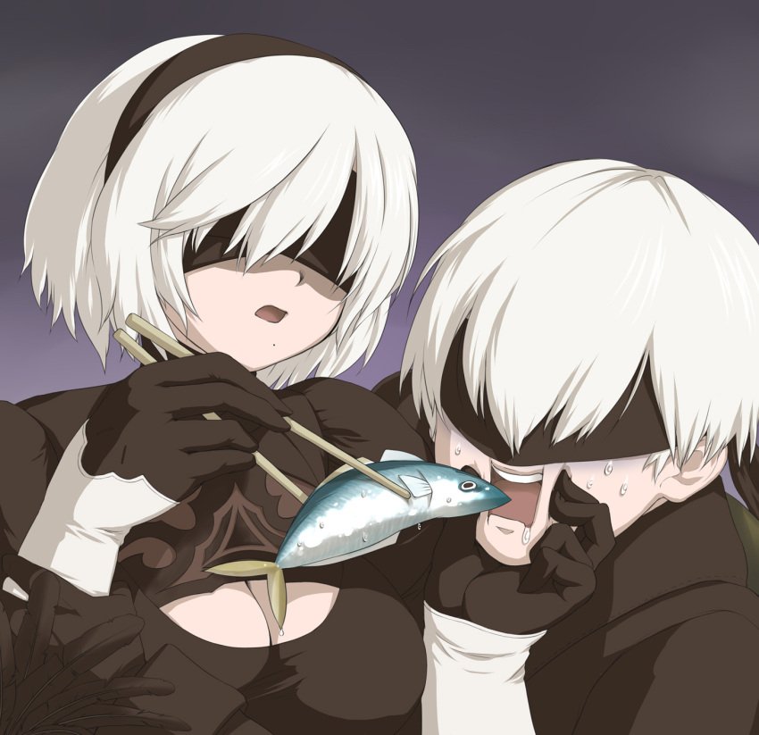 1boy 2b_(nier:automata) 6q_(rokuku) 9s_(nier:automata) bad_id bad_pixiv_id black_blindfold black_dress black_hairband blindfold breasts cheek_pinching chopsticks cleavage_cutout clothing_cutout dress feather-trimmed_sleeves feeding female fish gloves hairband highres long_sleeves mole mole_under_mouth nier:automata nier_(series) pinching saliva shaded_face short_hair simple_background sweat white_hair