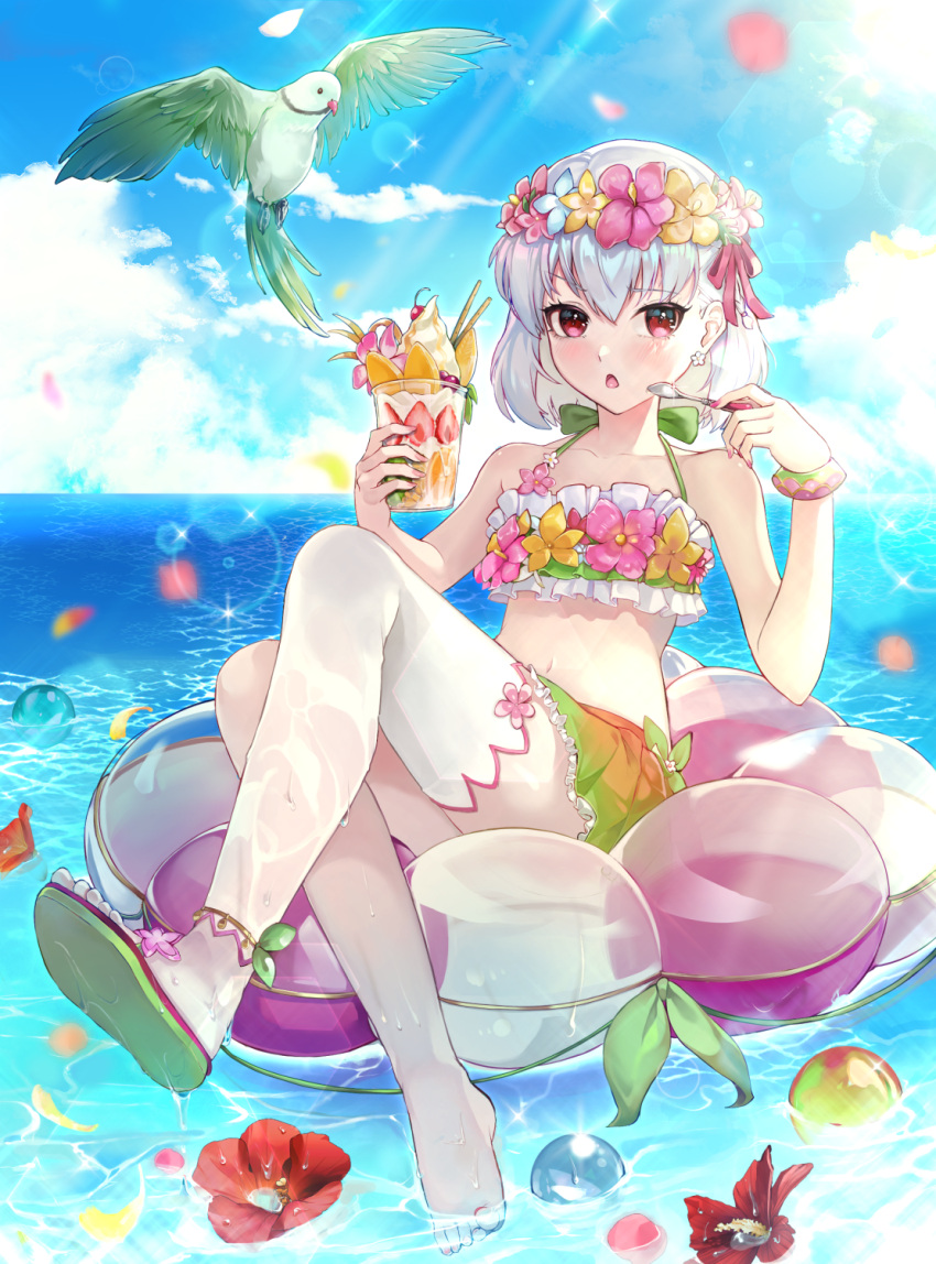 bare_shoulders beach bikini bird blue_sky blush breasts collarbone commentary day dessert detached_leggings fate/grand_order fate_(series) female flower_on_liquid flower_wreath food fruit green_bikini grey_hair hair_ribbon head_wreath highres innertube kama_(fate) kama_(swimsuit_avenger)_(fate) kama_(swimsuit_avenger)_(first_ascension)_(fate) looking_at_viewer mentaikopan miniskirt navel ocean open_mouth outdoors parakeet parfait petals rainbow_skirt red_eyes ribbon sandals short_hair sitting skirt sky small_breasts solo spoon swim_ring swimsuit thighs water whipped_cream white_legwear