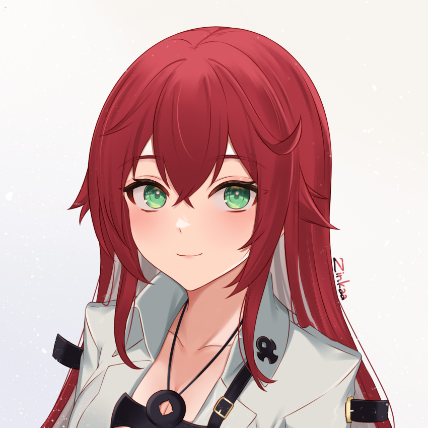 ankh artist_name blush closed_mouth collarbone commentary female green_eyes grey_background guilty_gear guilty_gear_strive highres jack-o'_valentine jewelry lips long_hair looking_at_viewer necklace red_hair signature simple_background smile upper_body zinkaa