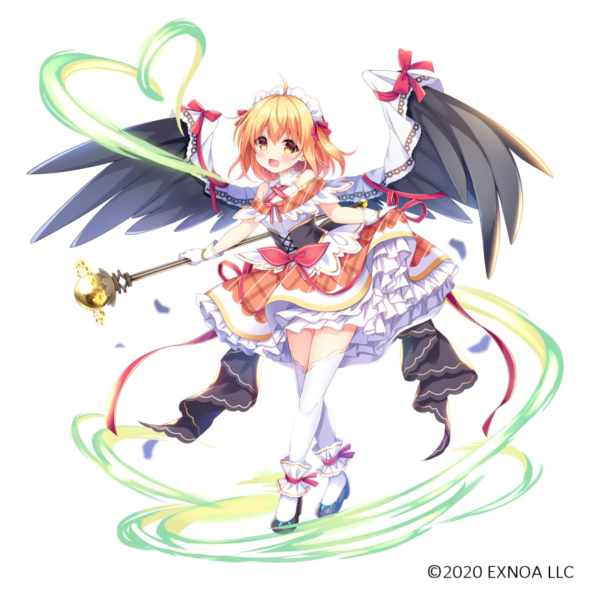 :d ahoge bare_shoulders black_footwear black_wings blonde_hair blush bow brown_eyes brown_skirt character_request commentary_request copyright_notice feathered_wings female fortress_girl full_body hair_between_eyes high_heels highres holding holding_staff looking_at_viewer maid_headdress official_art open_mouth orange_hair orb red_bow shirt shoes simple_background skirt skirt_hold sleeveless sleeveless_shirt smile solo staff thighhighs umeko_machi white_background white_shirt white_thighhighs wings