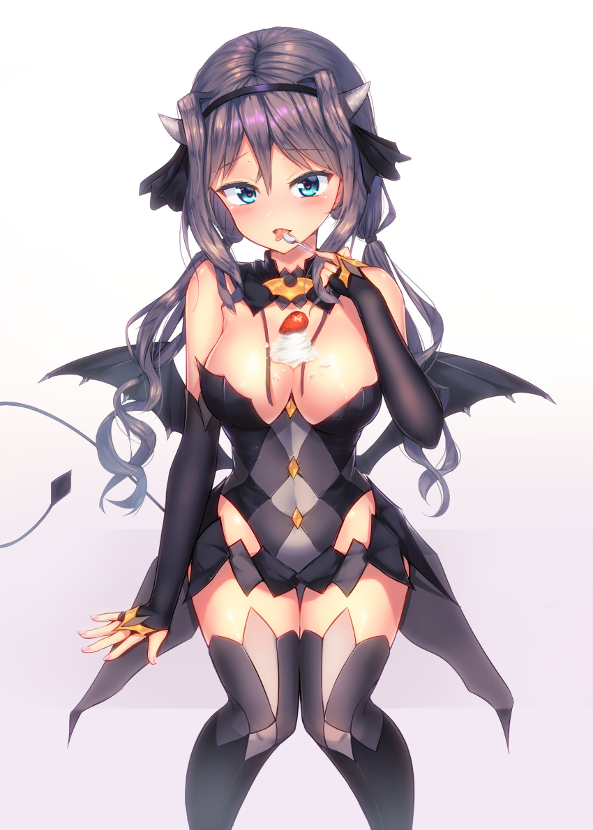 absurdres aqua_eyes bad_id bad_pixiv_id black_hairband black_thighhighs blush breasts cleavage commentary_request eyelashes female food_on_body food_on_breasts grey_hair hair_between_eyes hairband heart heart_in_eye highres holding holding_spoon horns knees_together_feet_apart licking looking_at_viewer matsuriya_minato naingnaing realive solo spoon symbol_in_eye tail thighhighs tongue tongue_out wings