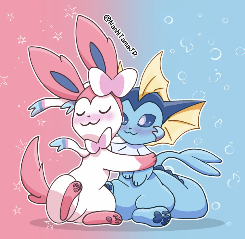 ambiguous_gender anthro blue_background blue_body blue_eyes closed_eyes duo eeveelution feral fin fish generation_1_pokemon generation_6_pokemon gradient_background hug mammal marine nachitamajr nintendo pattern_background pink_background pink_ears pink_paws pink_tail pokemon pokemon_(species) simple_background sylveon tail tail_fin text vaporeon white_body yellow_fin