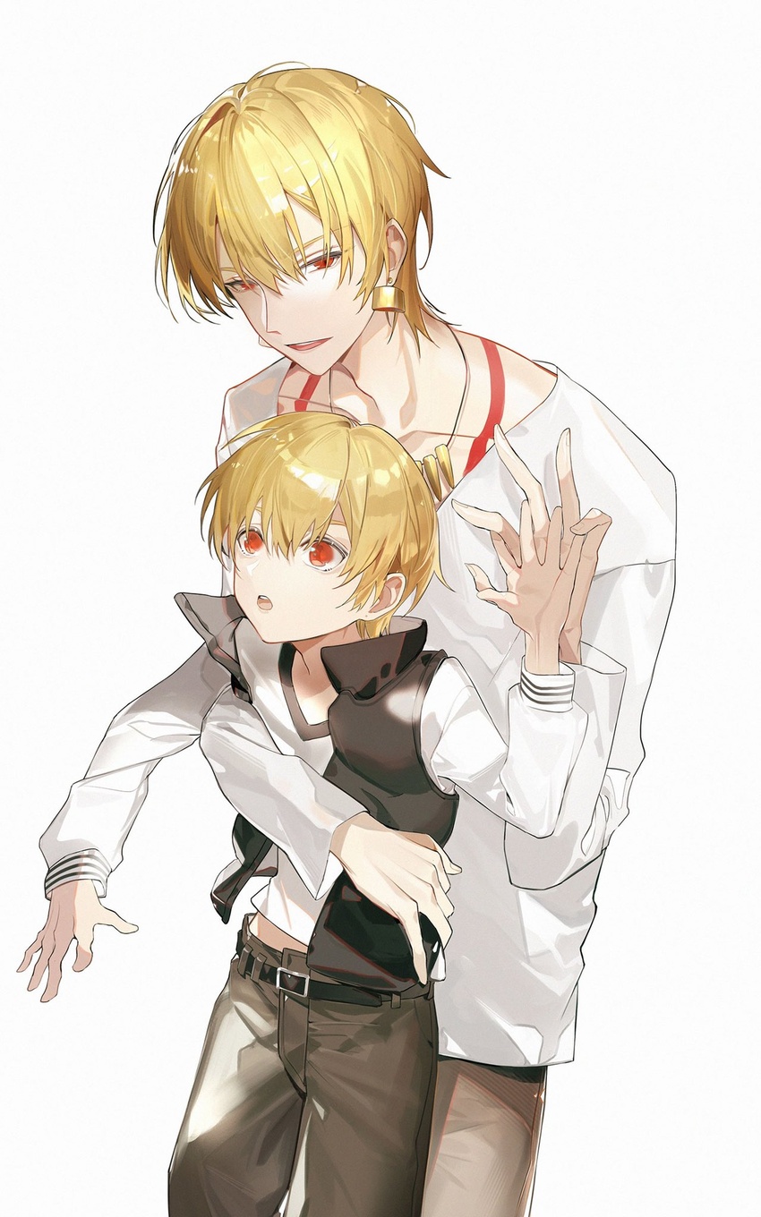 2boys :d :o age_comparison blonde_hair child_gilgamesh_(fate) earrings fate/extra fate/extra_ccc fate/grand_order fate/hollow_ataraxia fate/stay_night fate/strange_fake fate/zero fate_(series) feet_out_of_frame gilgamesh_(fate) highres hug hug_from_behind jacket jewelry k7_(kk7_000) lolicon long_sleeves looking_at_viewer looking_away male_focus multiple_boys necklace official_alternate_costume open_mouth pants red_eyes short_hair simple_background smile tattoo teeth time_paradox toned toned_male upper_teeth_only white_background