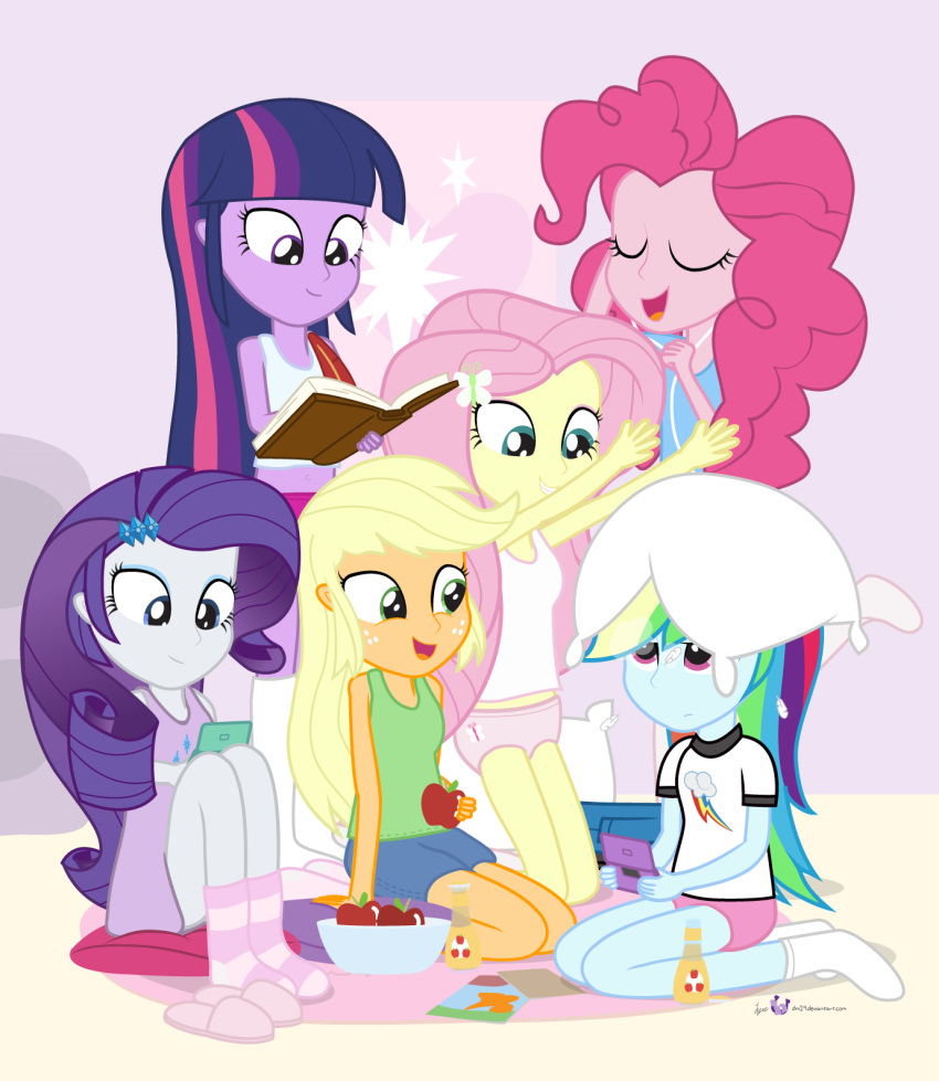 2013 alternate_species apple applejack_(eg) blonde_hair blue_body blue_eyes blue_skin book bowl closed_eyes clothed clothing container crossover dm29 earbuds electronics equestria_girls female fluttershy_(eg) food freckles fruit game_console green_eyes group hair hasbro headphones hi_res human humanized loose_feather mammal multicolored_hair my_little_pony nightgown nintendo nintendo_ds nintendo_ds_family pajamas panties pillow pink_hair pinkie_pie_(eg) plant purple_body purple_eyes purple_hair purple_skin quill rainbow_dash_(eg) rainbow_hair rarity_(eg) twilight_sparkle_(eg) two_tone_hair underwear unimpressed