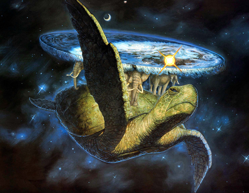 ambiguous_gender black_eyes blue_eyes chelys_galactica cosmos crater discworld disk elephant elephantid flippers group hi_res mammal moon paul_kidby proboscidean reptile scalie sea sea_turtle solo_focus space star sun the_great_a'tuin trunk turtle tusks water waterfall