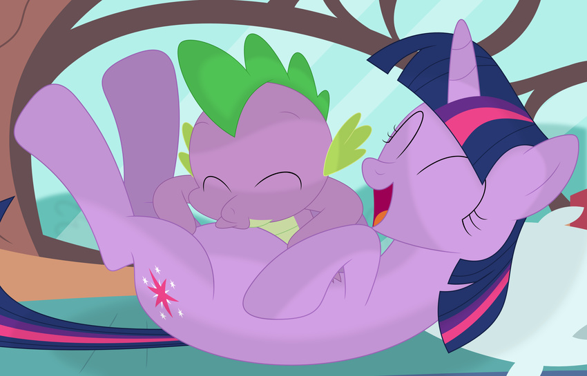 absurd_res bed belly belly_kiss cutie_mark dragon duo equid equine female feral friendship_is_magic furniture hair hasbro hi_res horn kissing laugh male mammal multicolored_hair my_little_pony mythological_creature mythological_equine mythological_scalie mythology pillow porygon2z purple_body purple_skin scalie spike_(mlp) tickling twilight_sparkle_(mlp) unicorn zerbert