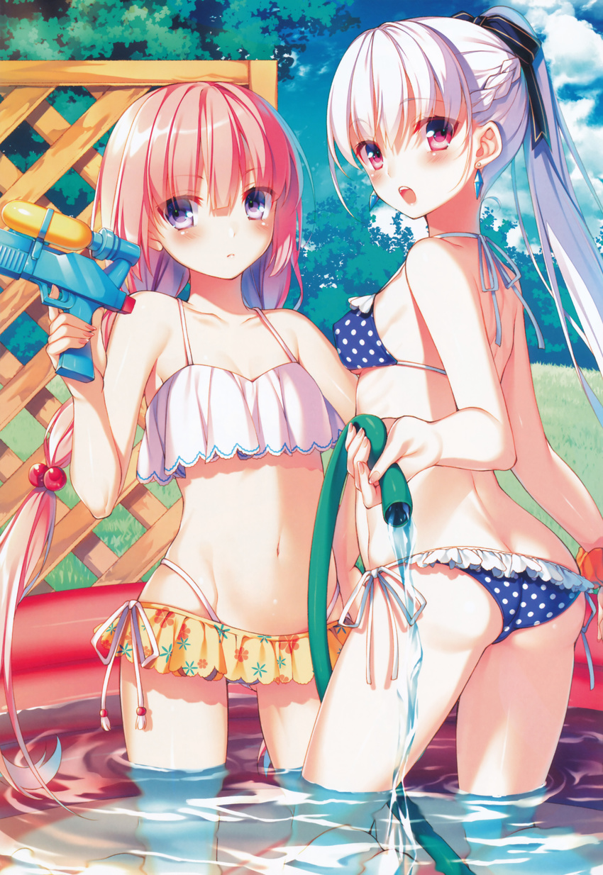 2girls absurdres arm_at_side ass ass_visible_through_thighs back bare_shoulders berkut_(girly_air_force) bikini bikini_under_clothes black_ribbon blue_sky blunt_bangs blush braid breasts butt_crack closed_mouth cloud cloudy_sky collarbone covered_nipples day dengeki_bunko earrings eyebrows finger_on_trigger fingernails floral_print french_braid frilled_bikini frills from_side girly_air_force grass gripen_(girly_air_force) groin hair_between_eyes hair_bobbles hair_ornament hair_ribbon hand_up highleg highleg_bikini highleg_panties highres holding hose jewelry kneeling legs_apart light_purple_hair long_fingernails long_hair looking_at_viewer looking_to_the_side low_twintails lowleg lowleg_bikini microskirt midriff multiple_girls nail_polish navel outdoors panties partially_submerged photoshop_(medium) pink_hair pink_lips polka_dot polka_dot_bikini ponytail purple_eyes ribbon ripples scan scrunchie shoulder_blades side-tie_bikini_bottom side-tie_skirt skirt sky small_breasts standing stomach strapless string_bikini stud_earrings swimsuit teeth toosaka_asagi toy_gun tree twin_braids twintails underwear very_long_hair wading wading_pool water water_gun