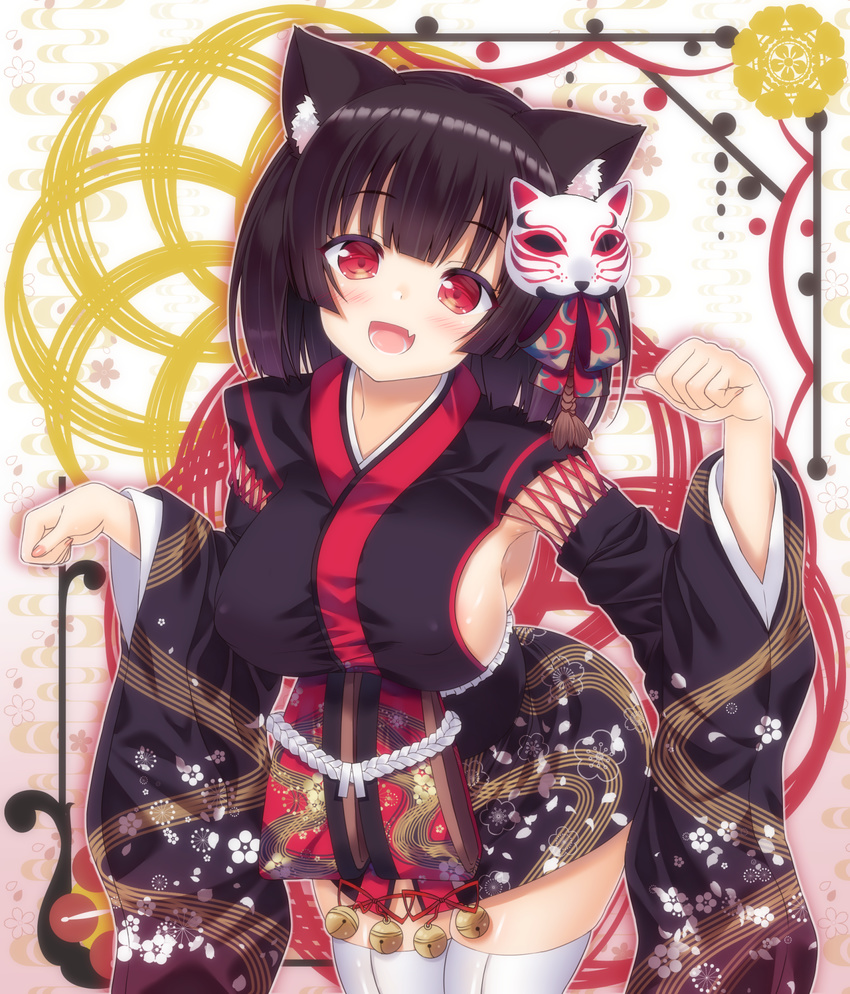 :d animal_ears armpits azur_lane bad_id bad_pixiv_id bangs bell black_hair black_kimono blunt_bangs blush breasts cat_ears eyebrows_visible_through_hair floral_print gradient gradient_background head_tilt highres japanese_clothes jingle_bell kimono kisshii_(kic1224) leaning_forward long_sleeves looking_at_viewer mask mask_on_head medium_breasts obi oerba_yun_fang open_mouth paw_pose sash shiny shiny_hair short_hair sideboob skindentation smile solo standing tareme tassel thighhighs white_legwear wide_sleeves yamashiro_(azur_lane) zettai_ryouiki