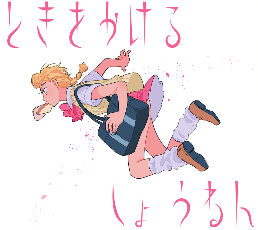 bad_id bad_pixiv_id blonde_hair bread commentary_request female food genderswap_(mtf) giorno_giovanna jojo_no_kimyou_na_bouken mapi_(mup1228) mouth_hold parody rule_63 school_uniform solo toki_wo_kakeru_shoujo vento_aureo