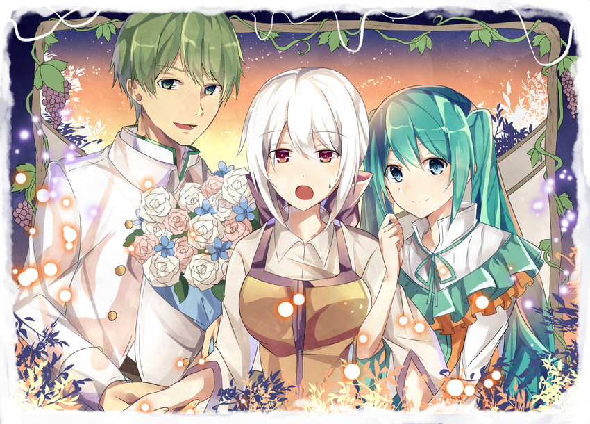 1boy 2girls :o aqua_eyes aqua_hair ayn_(evillious_nendaiki) bad_id bad_pixiv_id blush bow breasts bucket capelet clarith commentary_request dusk evillious_nendaiki flower food formal frilled_capelet frills fruit grapes green_eyes green_hair hairbow hand_on_another's_arm hatsune_miku holding_another's_arm large_breasts leaf light_particles locked_arms long_hair love_triangle michaela_(evillious_nendaiki) multiple_girls nervous open_mouth plant ponytail red_eyes rose shiro_no_musume_(vocaloid) short_hair smile straight suit sweatdrop tareme twilight twintails very_long_hair vines vocaloid white_hair white_suit yowane_haku yuken_52 yuri