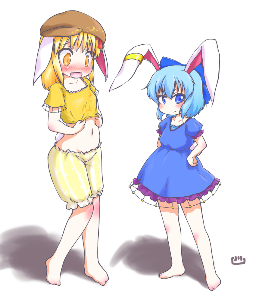 2girls animal_ears barefoot blonde_hair blue_dress blue_eyes blue_hair blush bow cirno collarbone commentary_request cosplay crop_top dress earclip flat_cap full_body hair_ribbon hairbow hands_on_own_hips hat highres kemonomimi_mode looking_at_another looking_at_viewer midriff multiple_girls navel open_mouth orange_eyes puffy_short_sleeves puffy_sleeves rabbit_ears rabbit_tail ribbon ringo_(touhou) ringo_(touhou)_(cosplay) rumia seiran_(touhou) seiran_(touhou)_(cosplay) shadow shirt_tug short_hair short_sleeves shorts simple_background smirk standing tail touhou uho_(uhoyoshi-o) white_background