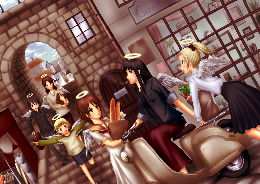 6+girls angel angel_wings baguette black_hair blonde_hair bread brown_hair chinese_clothes cigarette commentary_request feathered_wings food freesialxx70 glasses haibane_renmei halo hikari_(haibane) kana_(haibane) kuu_(haibane) motor_vehicle multiple_girls nemu_(haibane) outstretched_arms rakka_(haibane) reki_(haibane) school_uniform scooter serafuku smoking tangzhuang wings