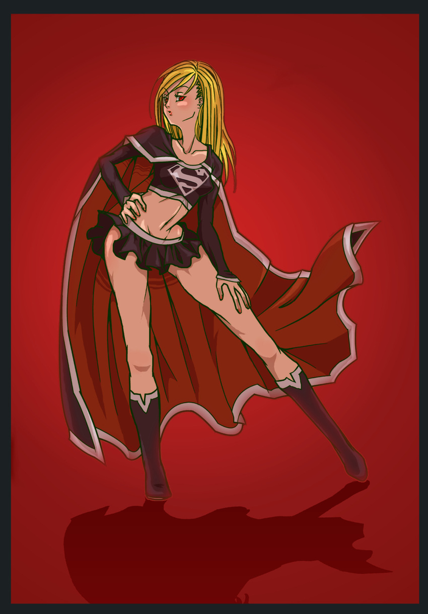 blonde_hair boots cape dc_comics evil female female hands_on_hips highres kara_zor-el kikisuke_t kryptonian long_hair midriff miniskirt red_cape red_eyes s_shield skirt solo supergirl superman_(series)