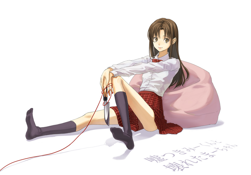 brown_eyes brown_hair commentary_request copyright_name female holding kneehighs knife long_hair misono_mayu photoshop_(medium) pillow plaid school_uniform skirt socks solo string string_of_fate toreso usotsuki_mii-kun_to_kowareta_maa-chan