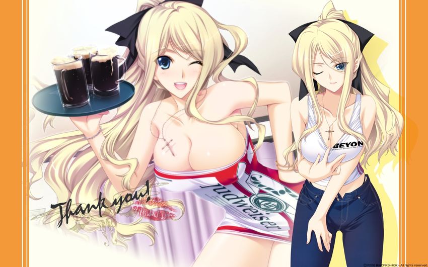 ;) ;d alcohol bare_shoulders beer beer_mug blonde_hair blue_eyes bracelet breasts budweiser cleavage cross cross_necklace cup denim dress female green_eyes hand_on_own_hip hand_on_own_thigh highres iizuki_tasuku jeans jewelry laila_lia_sorel large_breasts long_hair looking_at_viewer mug necklace one_eye_closed open_mouth pants ponytail print_dress shiden_enkan_no_kizuna short_dress simple_background smile taut_clothes tray