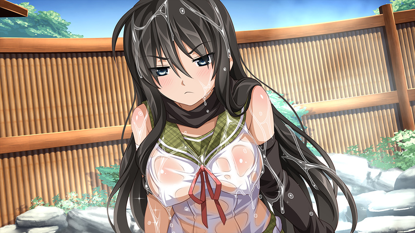 :< ahoge angry bamboo_fence bandages bare_shoulders black_gloves black_hair blue_eyes blush body_blush breasts breasts_apart closed_mouth covered_nipples day dutch_angle elbow_gloves eyes_visible_through_hair female fence frown game_cg gloves green_skirt hair_between_eyes large_breasts long_hair looking_at_viewer no_bra onsen outdoors parted_bangs plaid plaid_skirt ribbon rock sakura_spirit scarf school_uniform see-through shirt sidelocks single_elbow_glove skirt sky solo sparkle steam sukino_miyo tree upper_body v-shaped_eyebrows very_long_hair wanaca wet wet_clothes wet_hair wet_shirt