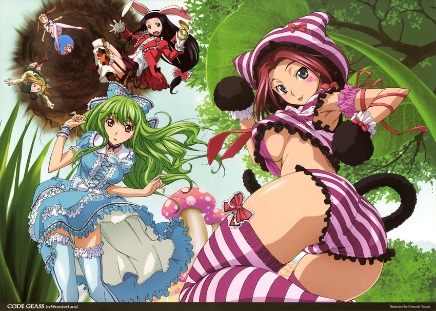 6+girls :p absurdres alice_in_wonderland animal_ears anya_alstreim armpits ass belt blonde_hair blue_eyes blush bra breasts bunny_ears c.c. code_geass code_geass:_nunnally_in_wonderland dress falling frills hat highres kallen_stadtfeld large_breasts leaf legs lingerie long_hair looking_at_viewer looking_back milly_ashford multiple_girls official_art open_clothes panties parody paws pocket_watch red_hair ribbon shirley_fenette short_hair standing striped striped_legwear striped_panties sumeragi_kaguya tabata_hisayuki tail thighhighs tongue tongue_out twintails underboob underwear wallpaper watch wrist_cuffs yellow_eyes