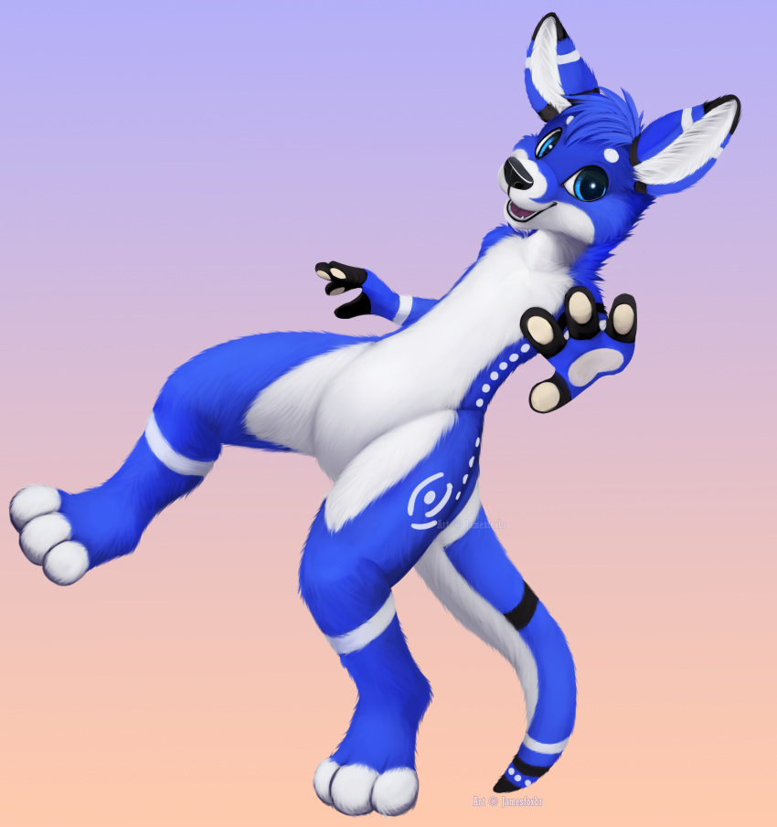 2014 anthro avalon avalon_(blueavian) avalondragon avalonjay blue_body blue_eyes blue_fur canid canine digital_media_(artwork) fox fur hair happy hi_res hybrid jamesfoxbr kangaroo looking_at_viewer macropod male mammal marsupial open_mouth pawpads paws shaded simple_background smile solo tongue white_pawpads