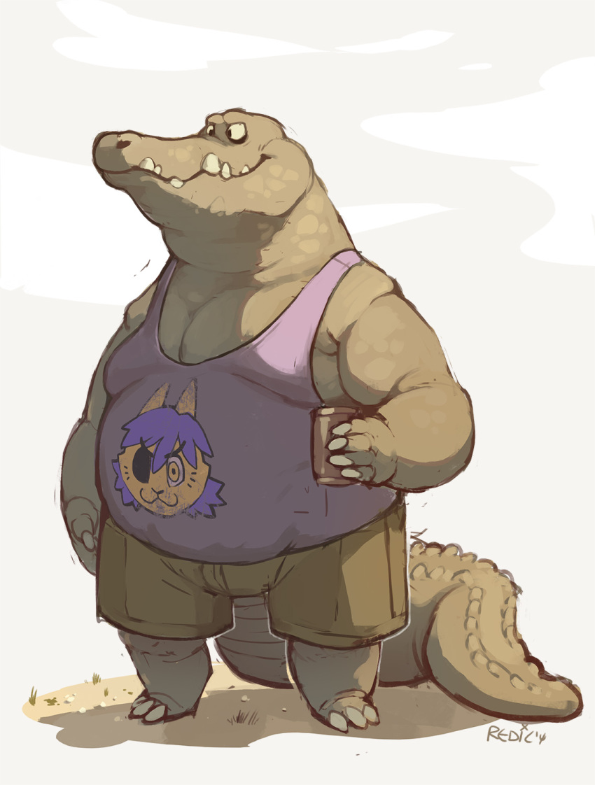 alcohol anthro beer belly beverage bottomwear claws clothed clothing crocodile crocodilian crocodylid food hi_res male redic-nomad reptile scalie shirt shorts slightly_chubby solo tank_top topwear