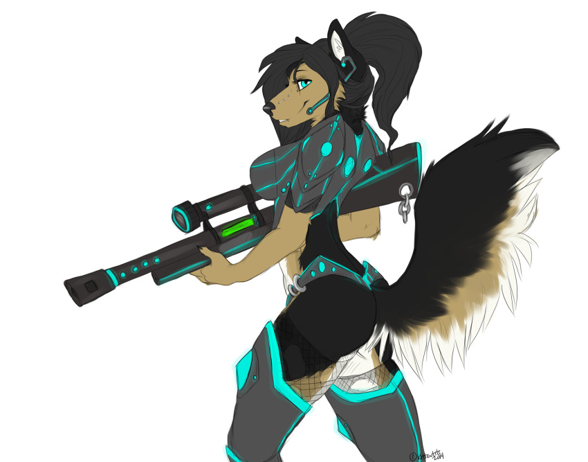 anthro armor ass blue_eyes canid canine canis clothed clothing domestic_dog electronics female fishnet_clothing gun hair headgear headphones headset hi_res holding_gun holding_object holding_ranged_weapon holding_weapon kittentits mammal ponytail ranged_weapon rifle science_fiction shanys skimpy solo weapon