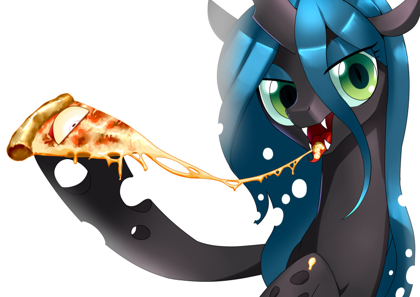 2014 absurd_res apple arthropod changeling cheese dairy_products fangs female food friendship_is_magic fruit gashiboka green_eyes green_hair hair hasbro hi_res hole_(anatomy) looking_at_viewer melted_cheese my_little_pony pizza plant pupils queen_chrysalis_(mlp) sharp_teeth simple_background slit_pupils solo straight_hair teeth white_background