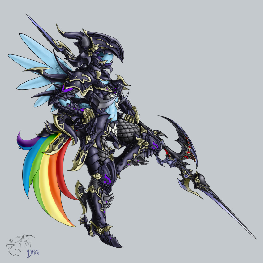 1:1 2014 anthro anthrofied armor blackmorass blue_body blue_feathers blue_fur convincing_weapon crossover dragoon dragoon_(final_fantasy) equid equine feathered_wings feathers female final_fantasy final_fantasy_xiv friendship_is_magic fur grey_background hasbro hi_res holding_object holding_weapon mammal my_little_pony mythological_creature mythological_equine mythology pegasus rainbow_dash_(mlp) simple_background solo square_enix weapon wings